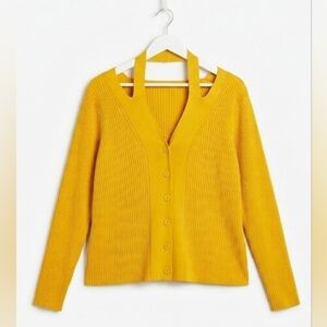 Boho 2X Golden Yellow Ribbed Knit Spring Button Stretch Front Sweater New